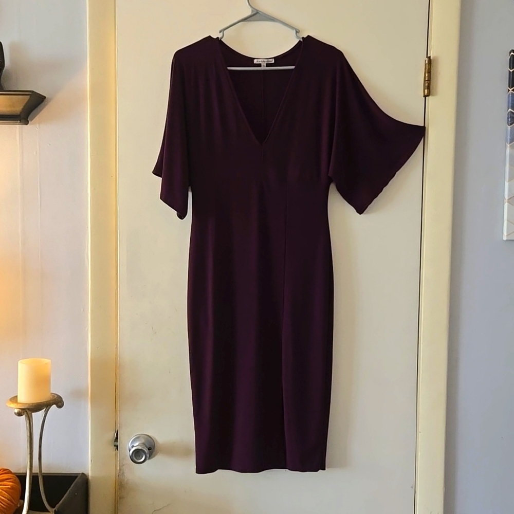 Burgundy mid calf, plunge neck high split dress